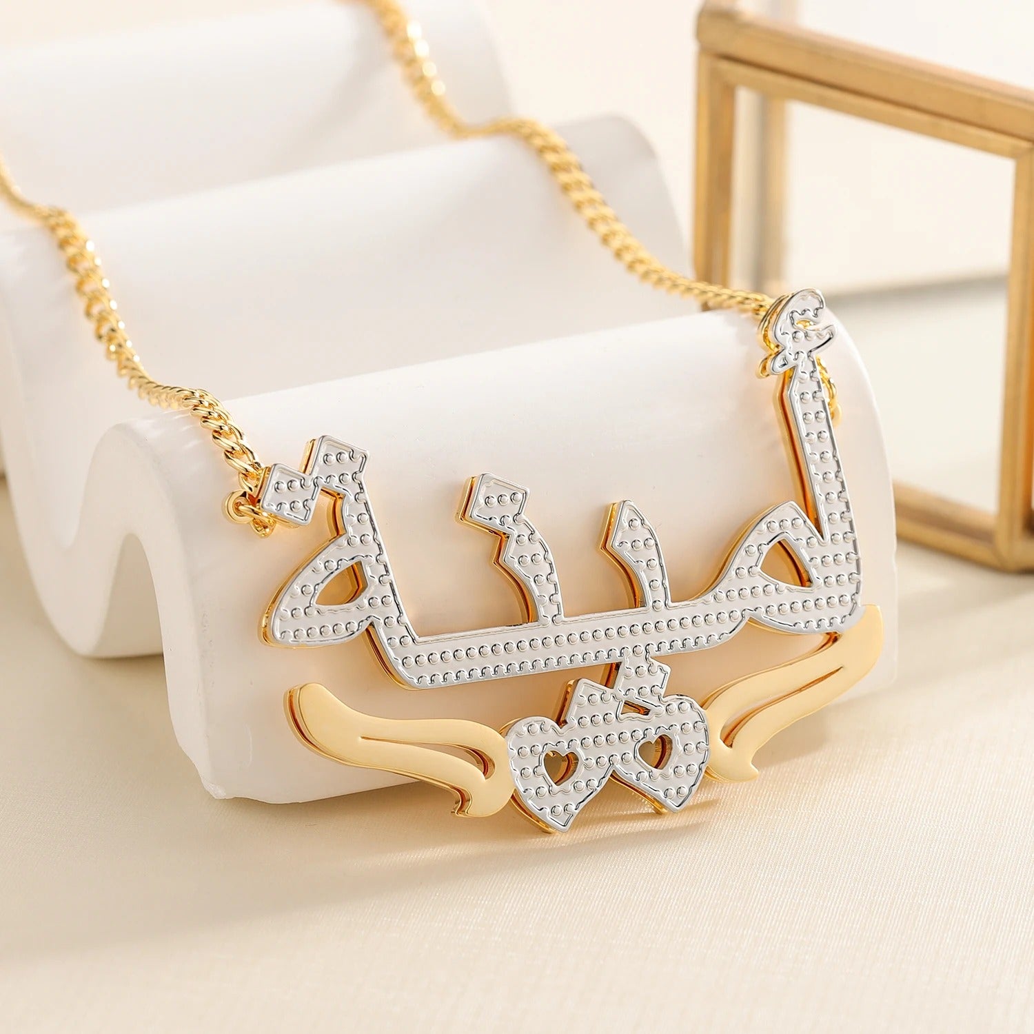 Double Plated Hearts Name Necklace w/ Figaro Chain - Nuriale