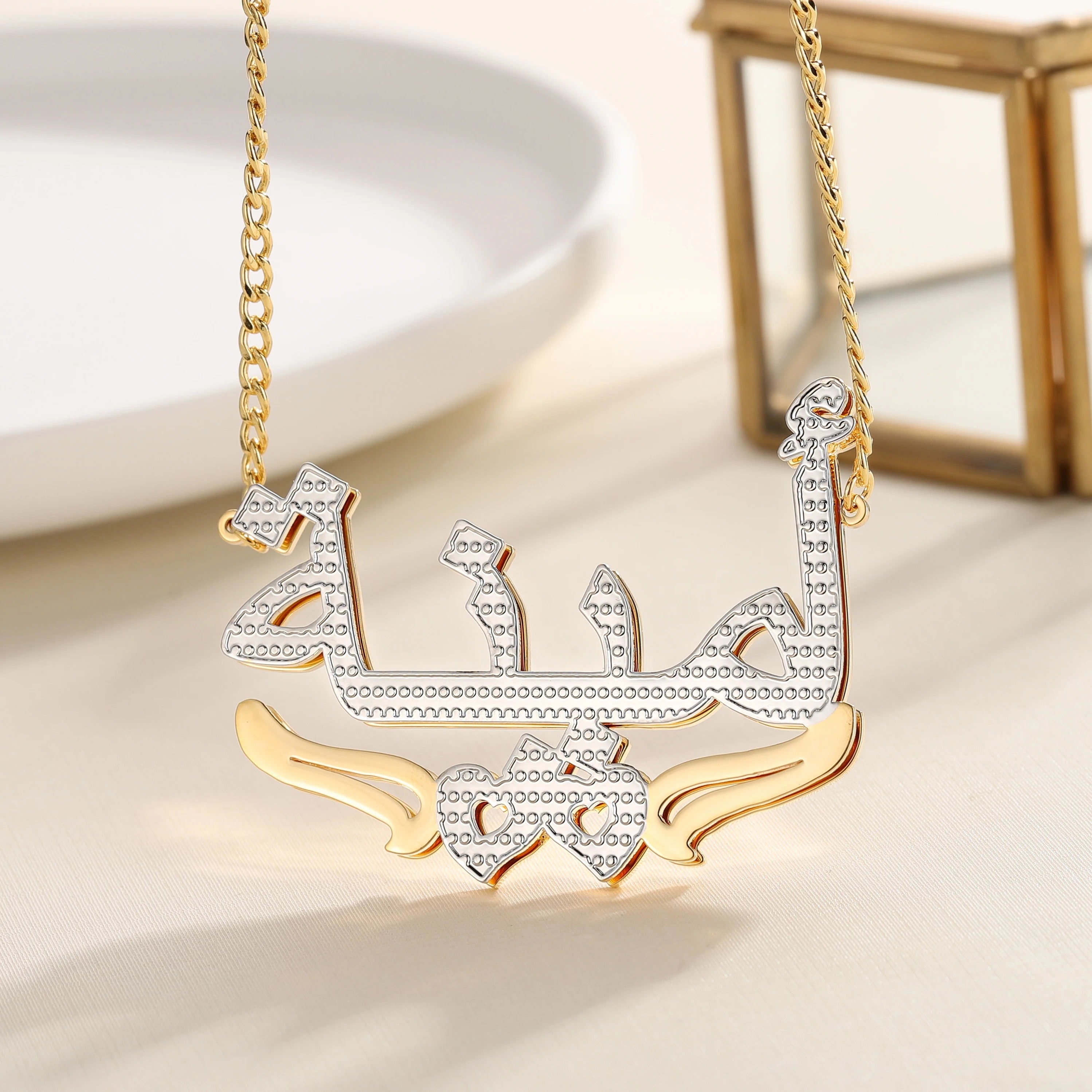 Double Plated Hearts Name Necklace w/ Figaro Chain - Nuriale