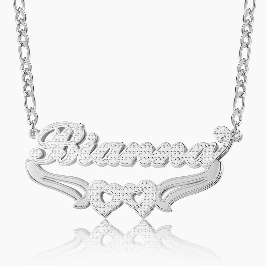 Double Plated Hearts Name Necklace w/ Figaro Chain - Nuriale