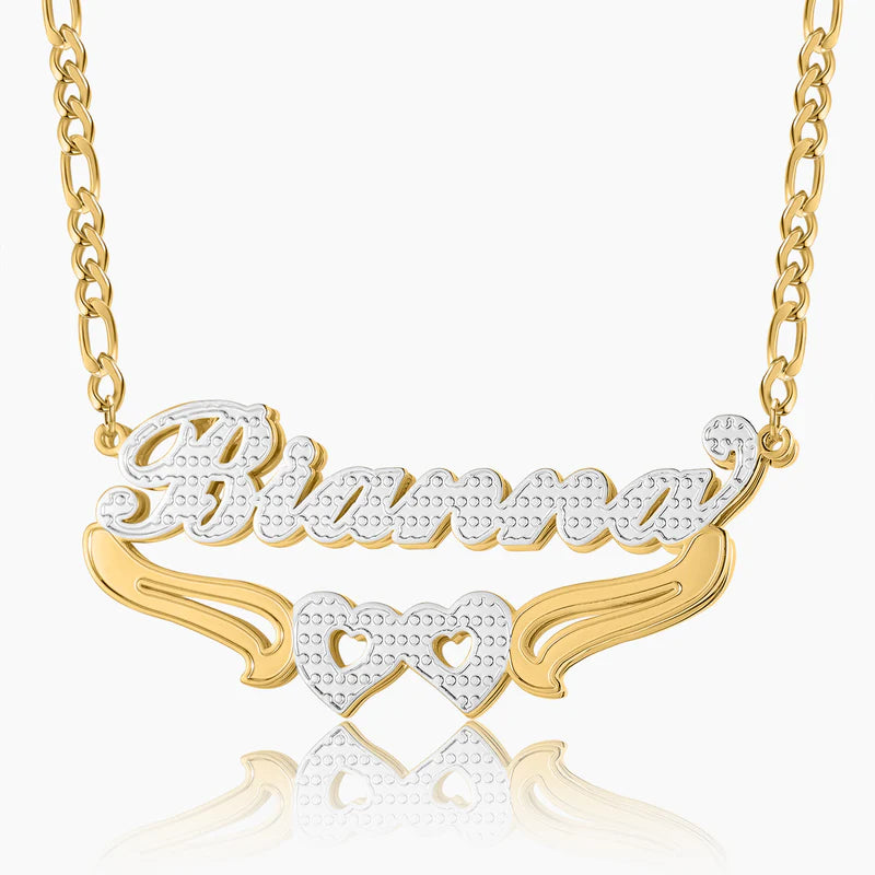 Double Plated Hearts Name Necklace w/ Figaro Chain - Nuriale