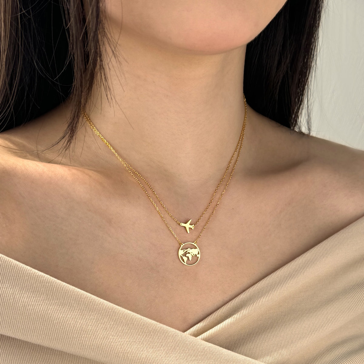 Layered Airplane and Map Necklace - Nuriale