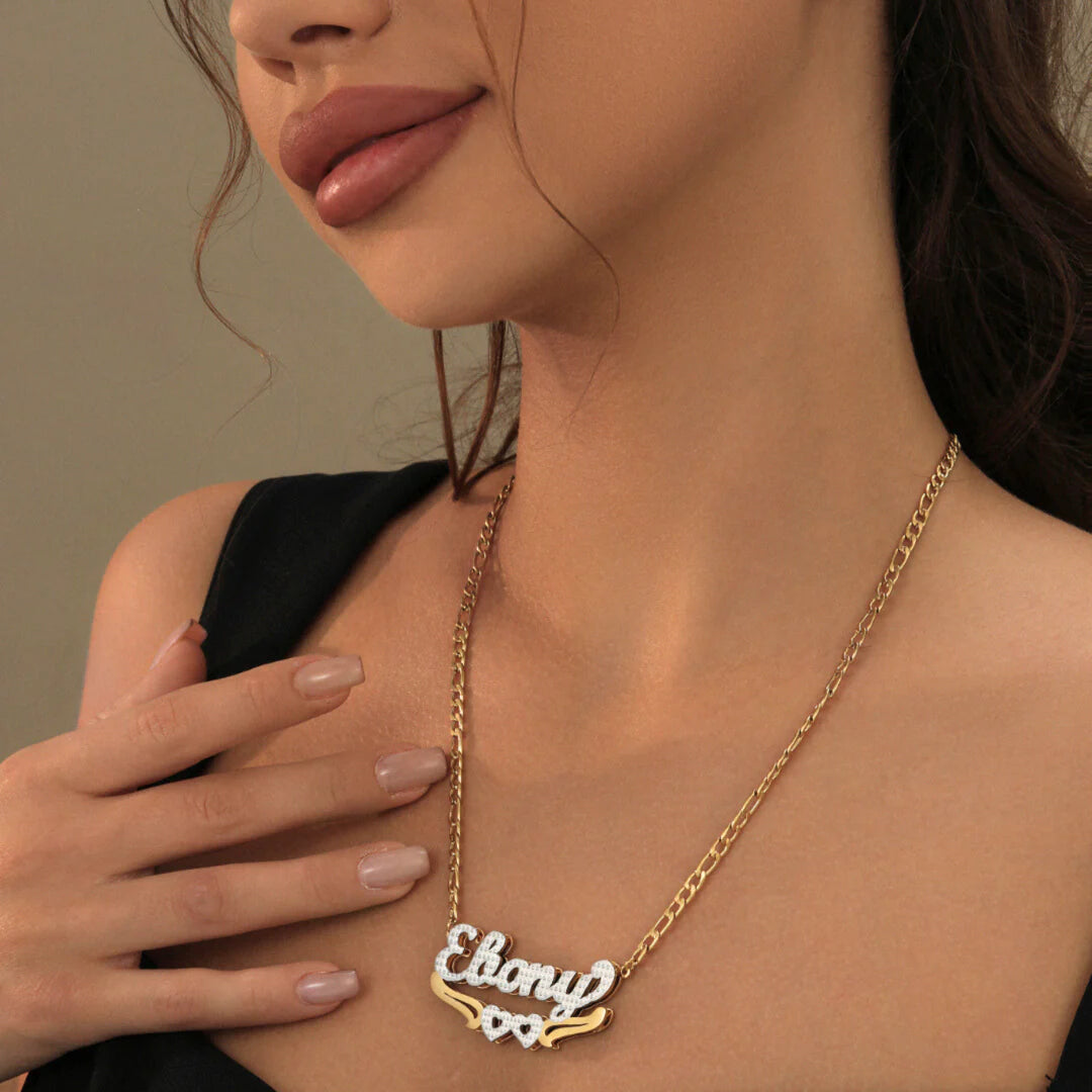 Double Plated Hearts Name Necklace w/ Figaro Chain - Nuriale