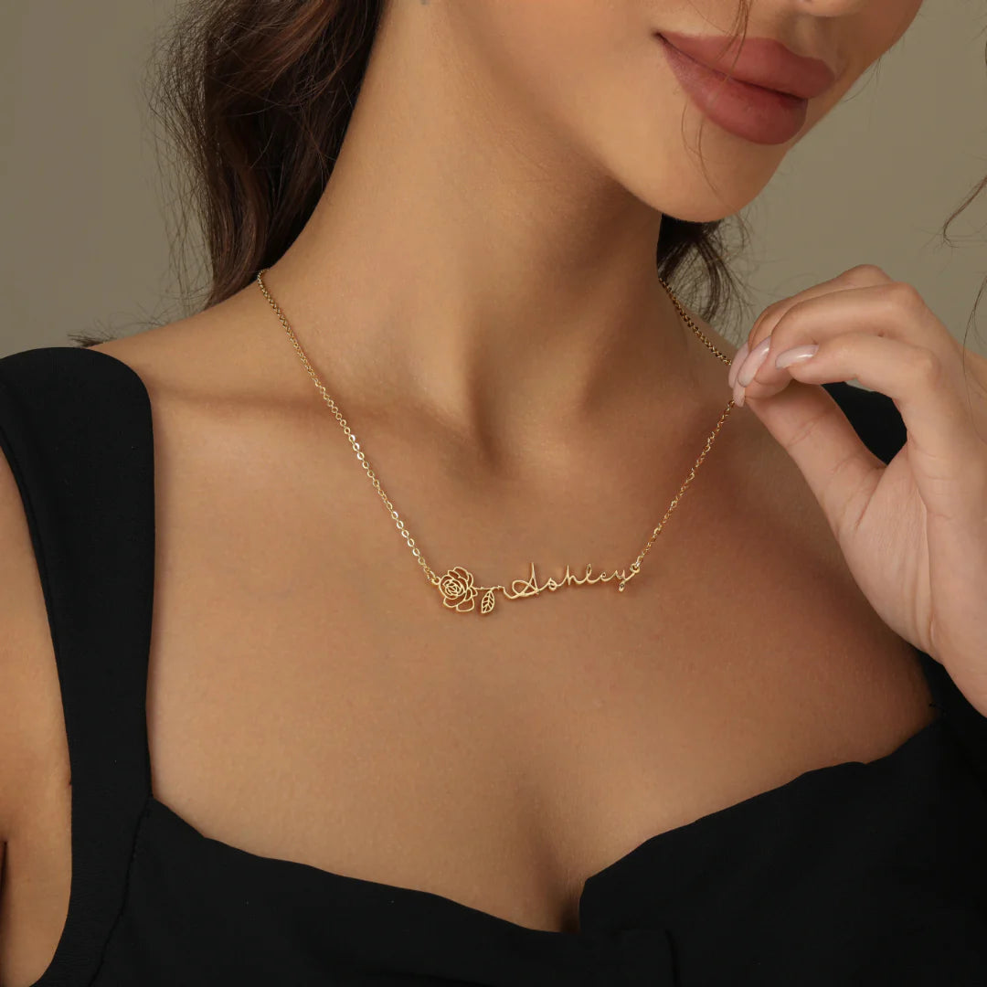 Horizontal Birth Flower Name Necklace - Nuriale