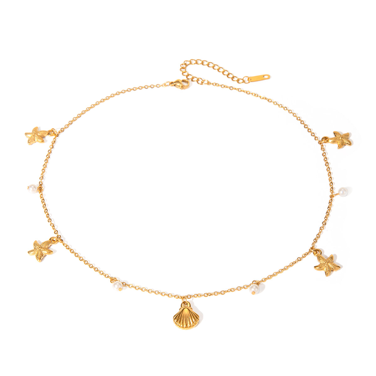 Dainty Seashell and Starfish Charm Necklace with Pearl Accents - Nuriale