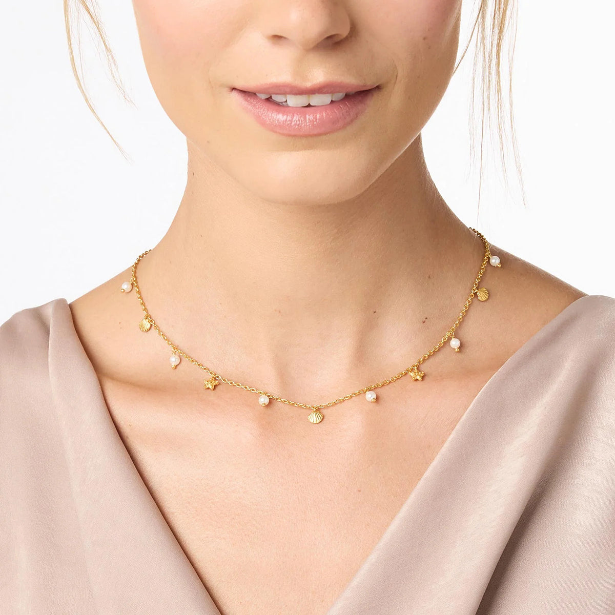 Dainty Seashell and Starfish Charm Necklace with Pearl Accents - Nuriale
