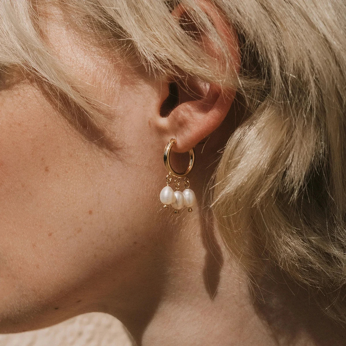 Triple Pearl Drop Hoop Earring - Nuriale