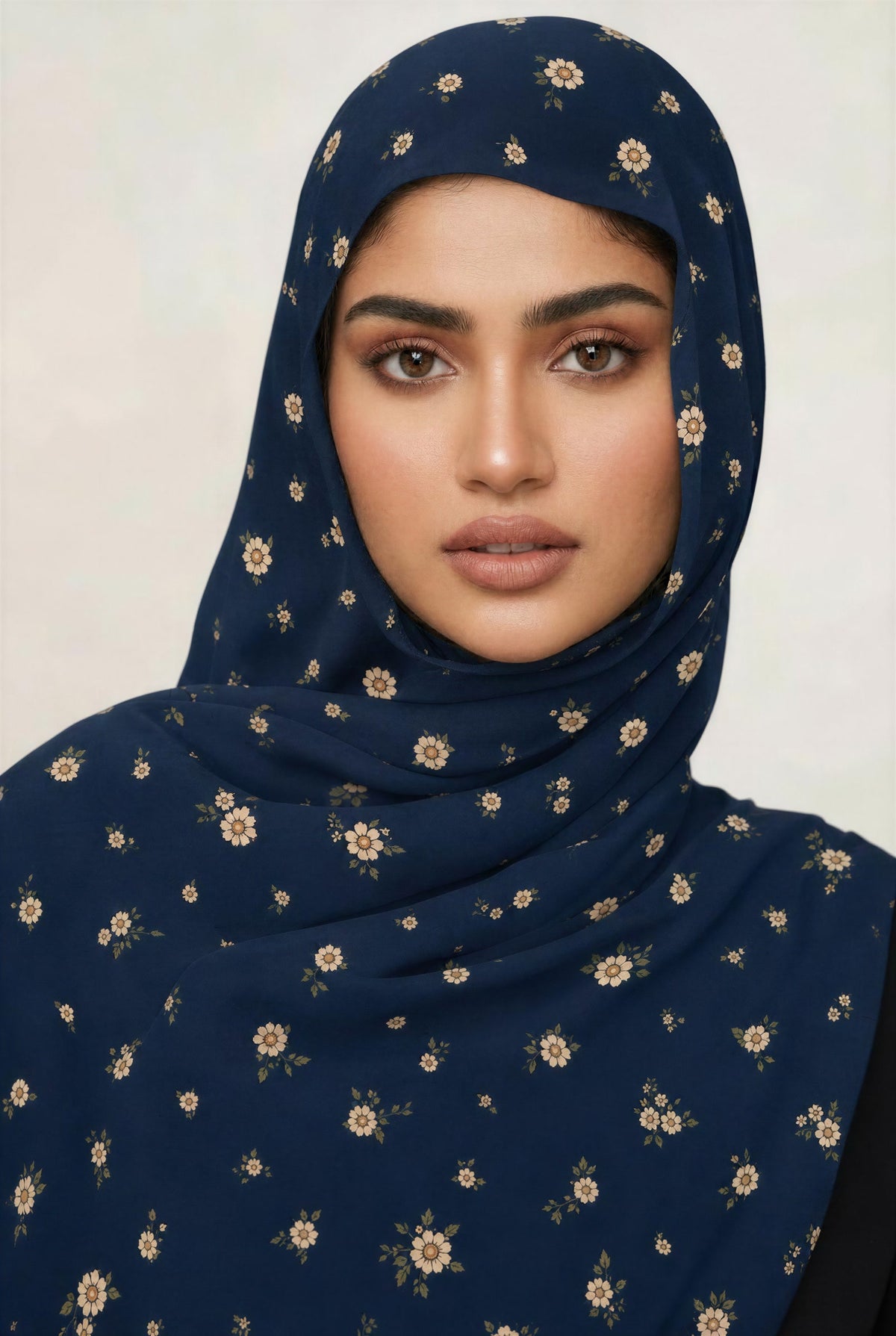 Jumi Modal Hijab worn, deep navy with cream daisies