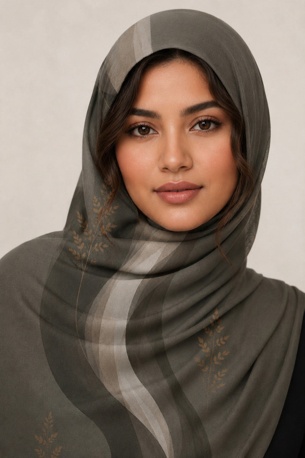 Sara Modal Hijab worn, warm grey with cream wave and gold sprigs