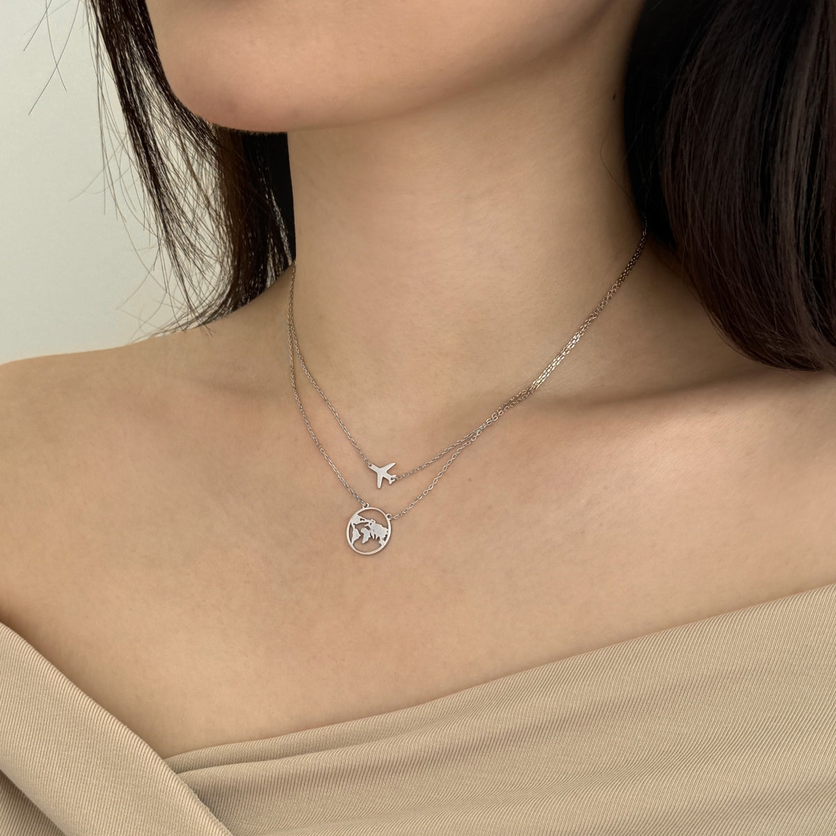 Layered Airplane and Map Necklace - Nuriale