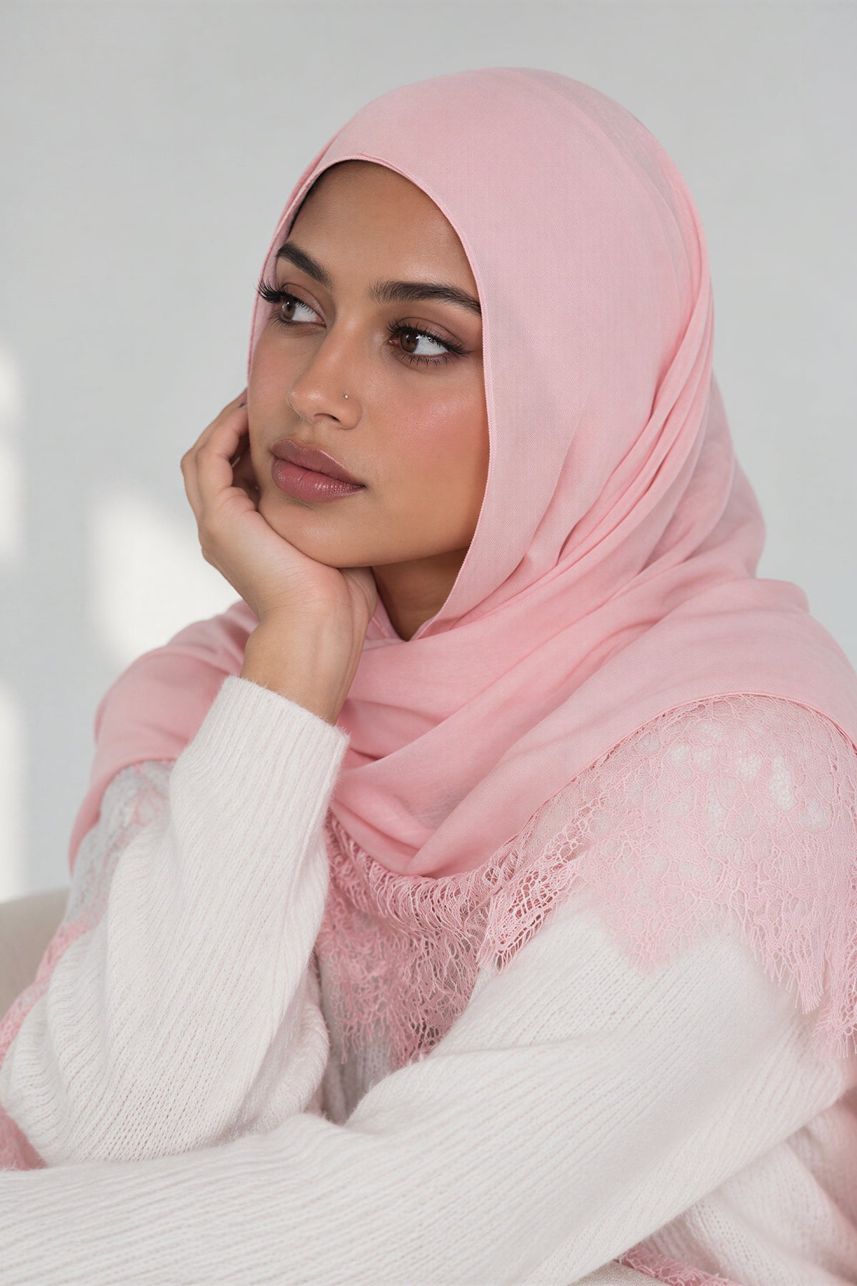 Blush Lace Modal Hijab worn, pink with pink lace