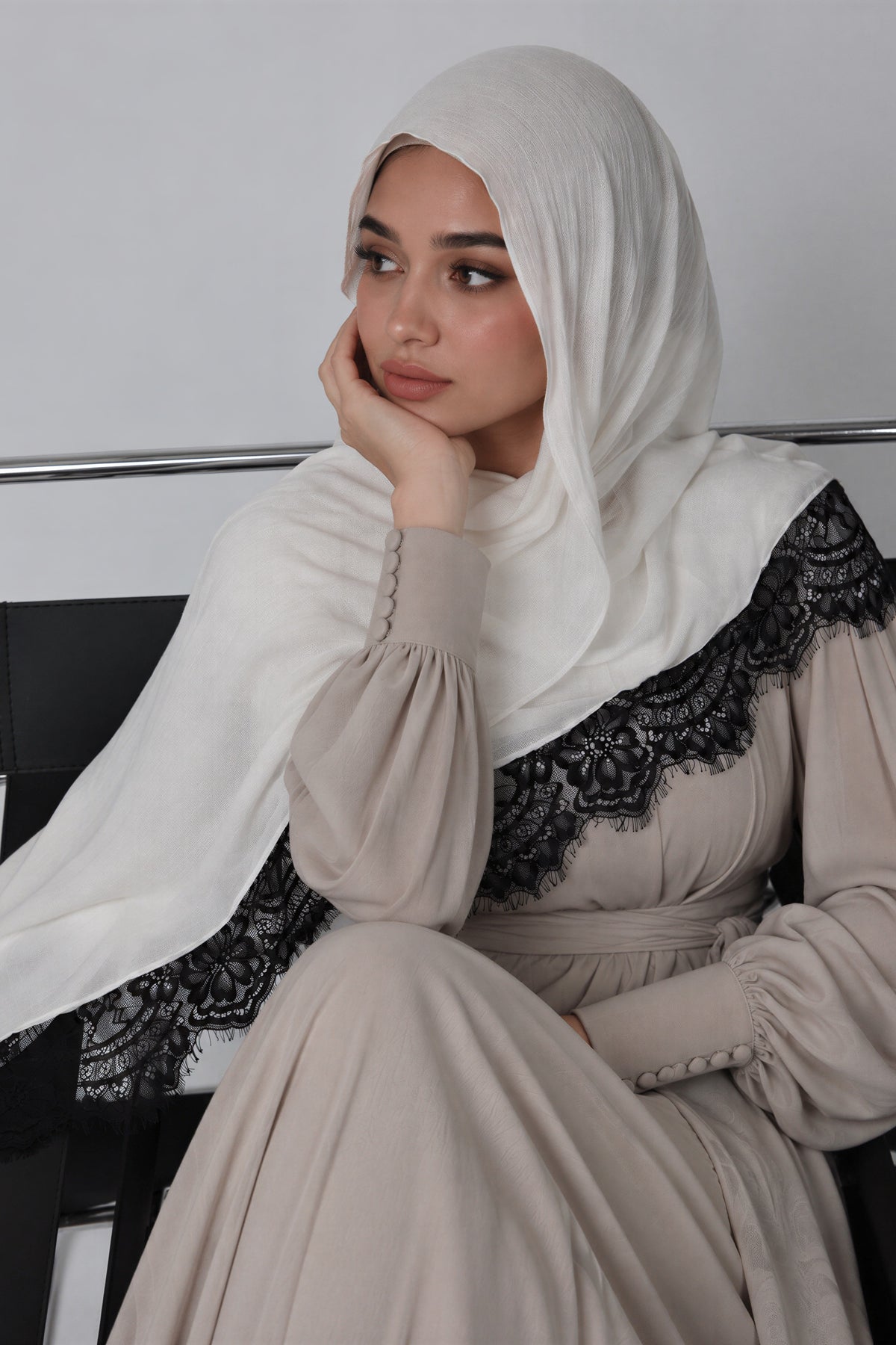 Ivory Lace Modal Hijab worn, white with black lace