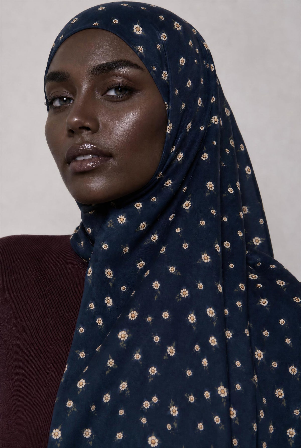 Jumi Modal Hijab worn, deep navy with cream daisies