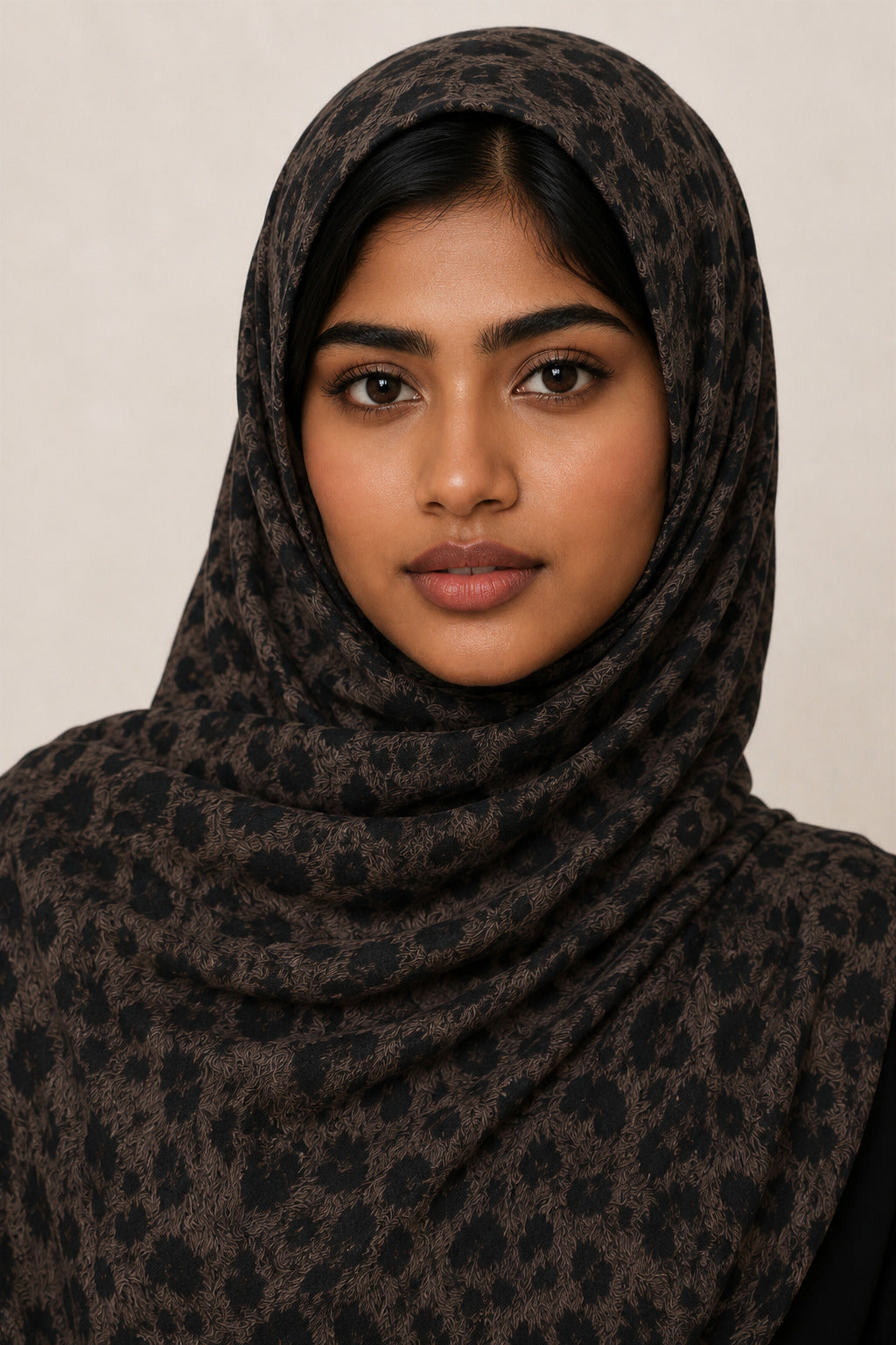 Nimra Modal Hijab worn, black leopard rosettes on smoked brown
