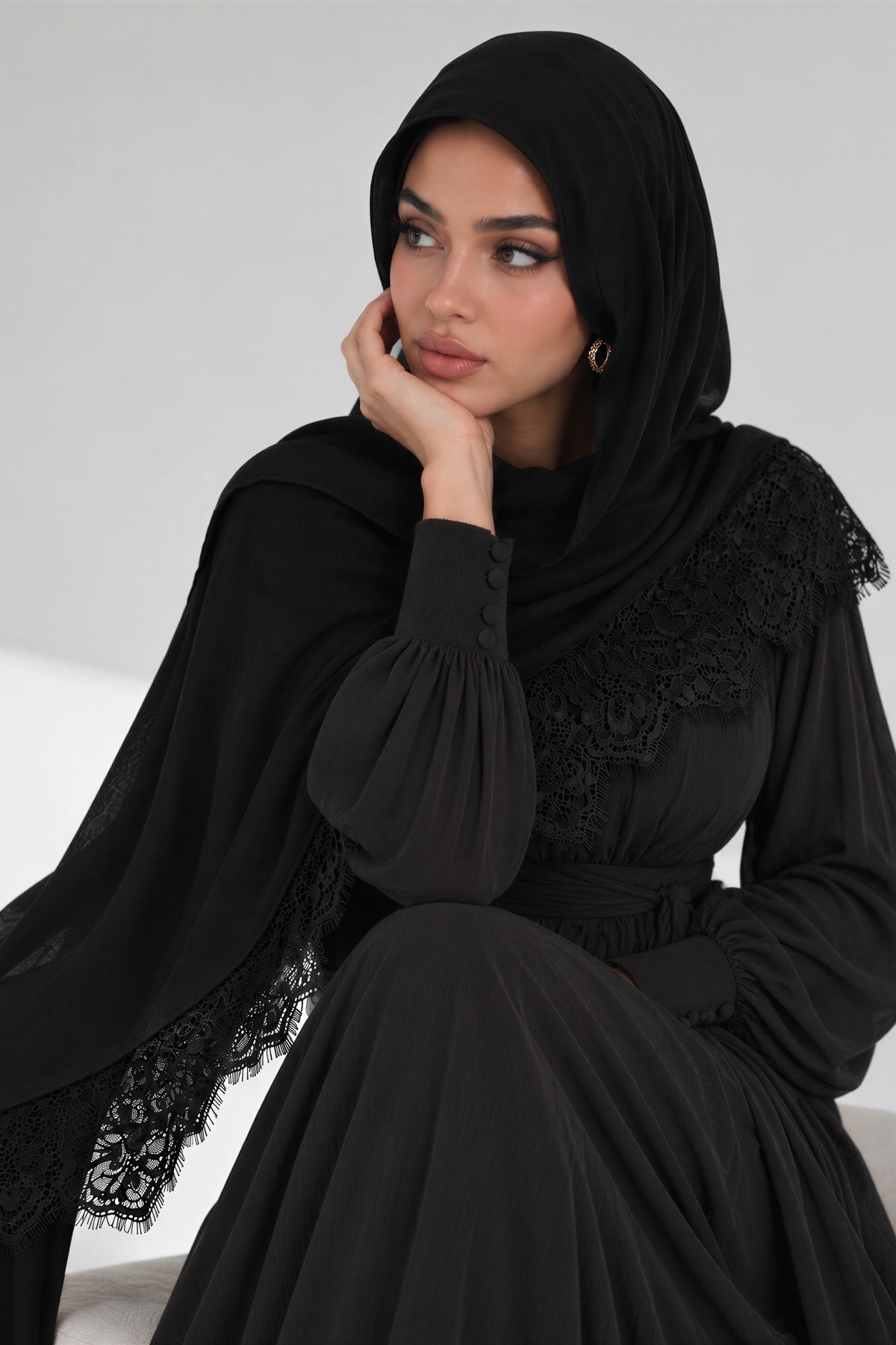 Onyx Lace Modal Hijab worn, black with black lace