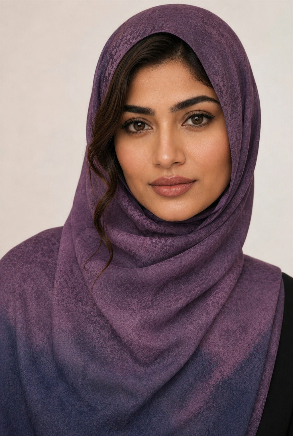 Sadaf Modal Hijab worn, plum to navy watercolour
