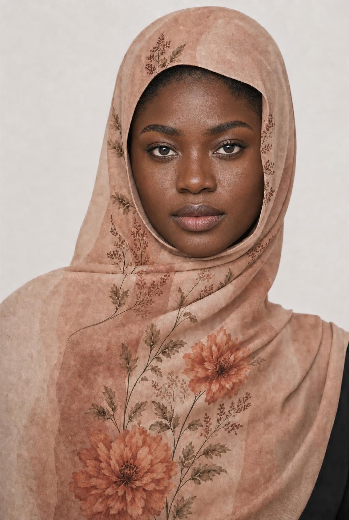 Zainab Modal Hijab worn, coral chrysanthemums on blush